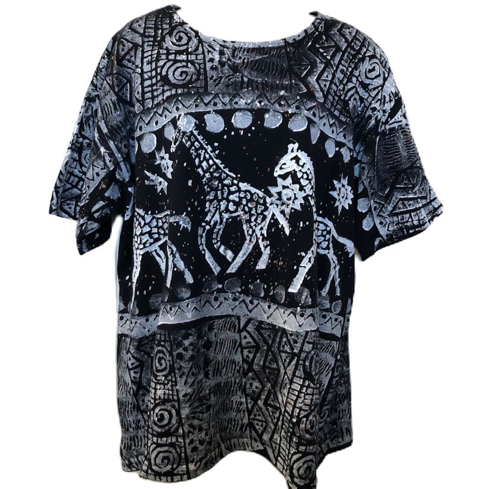 Vintage 1990s EZL Women's Black Painted Mayan Aztec Style Top and Pants Set - Picture 3 of 12